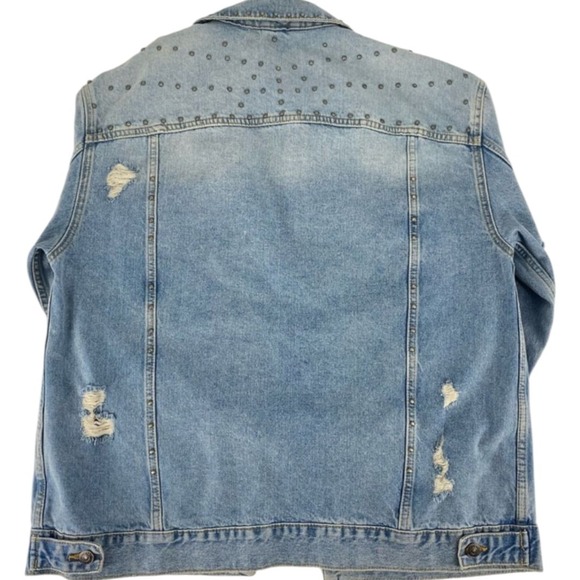 Free People Studded Distressed‎ Ripped Denim Trucker Jacket Boho Western - Picture 8 of 8